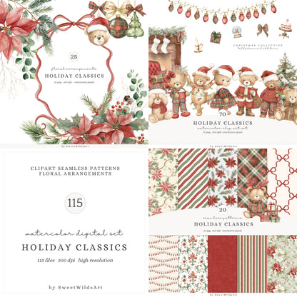 Holiday Classics - Christmas Bears Collection Clipart, Cute Teddy Bears | 115 PNG/JPEG
