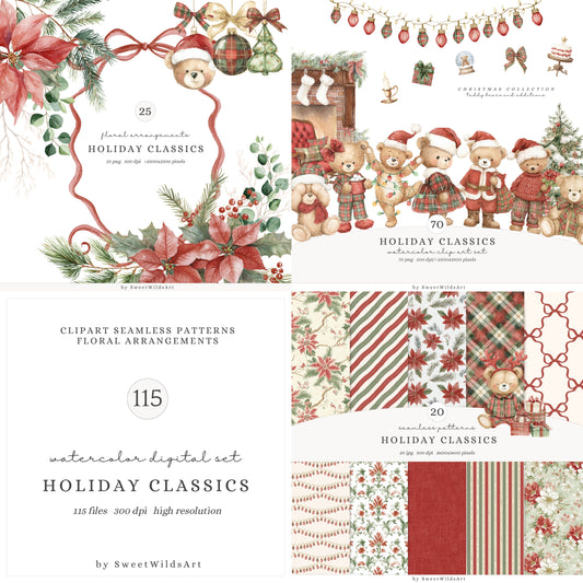 Holiday Classics - Christmas Bears Collection Clipart, Cute Teddy Bears | 115 PNG/JPEG