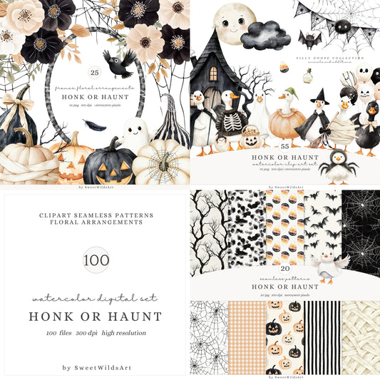Honk or Haunt - Collection Bundle, Halloween Goose Clipart, Cute Geese | 100 PNG/JPEG