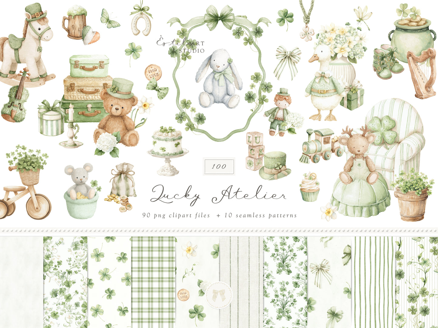 Lucky Atelier - Clipart, St Patrick’s Day Nursery, Irish Baby Toys, Clover, Green Vintage Children | 100 PNG/JPEG