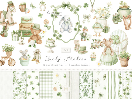Lucky Atelier - Clipart, St Patrick’s Day Nursery, Irish Baby Toys, Clover, Green Vintage Children | 100 PNG/JPEG