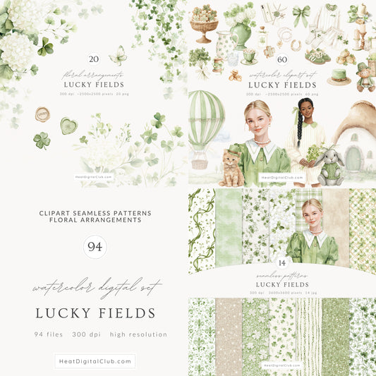 Lucky Fields - St.Patrick’s Day Clipart Bundle, Irish, Green St. Patricks Day, Cottagecore | 94 PNG/JPEG