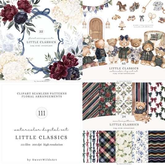 Little Classics - Watercolor Teddy Bears Clipart, Kids Nursery, Vintage Toys | 111 PNG/JPEG