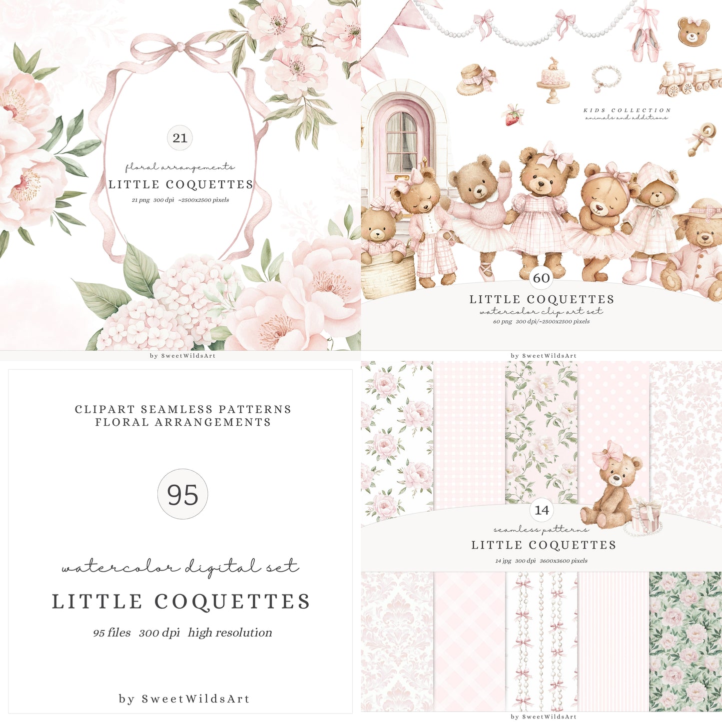 Little Coquettes - Collection Bundle, Teddy Bear, Pink Nursery, Grandmillennial  | 95 PNG/JPEG