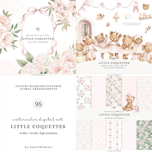 Little Coquettes - Collection Bundle, Teddy Bear, Pink Nursery, Grandmillennial  | 95 PNG/JPEG