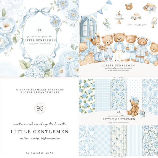 Little Gentlemen - Teddy Bear Clipart Set, Cute Baby Boy, Blue Nursery, Grandmillennial | 95 PNG/JPEG