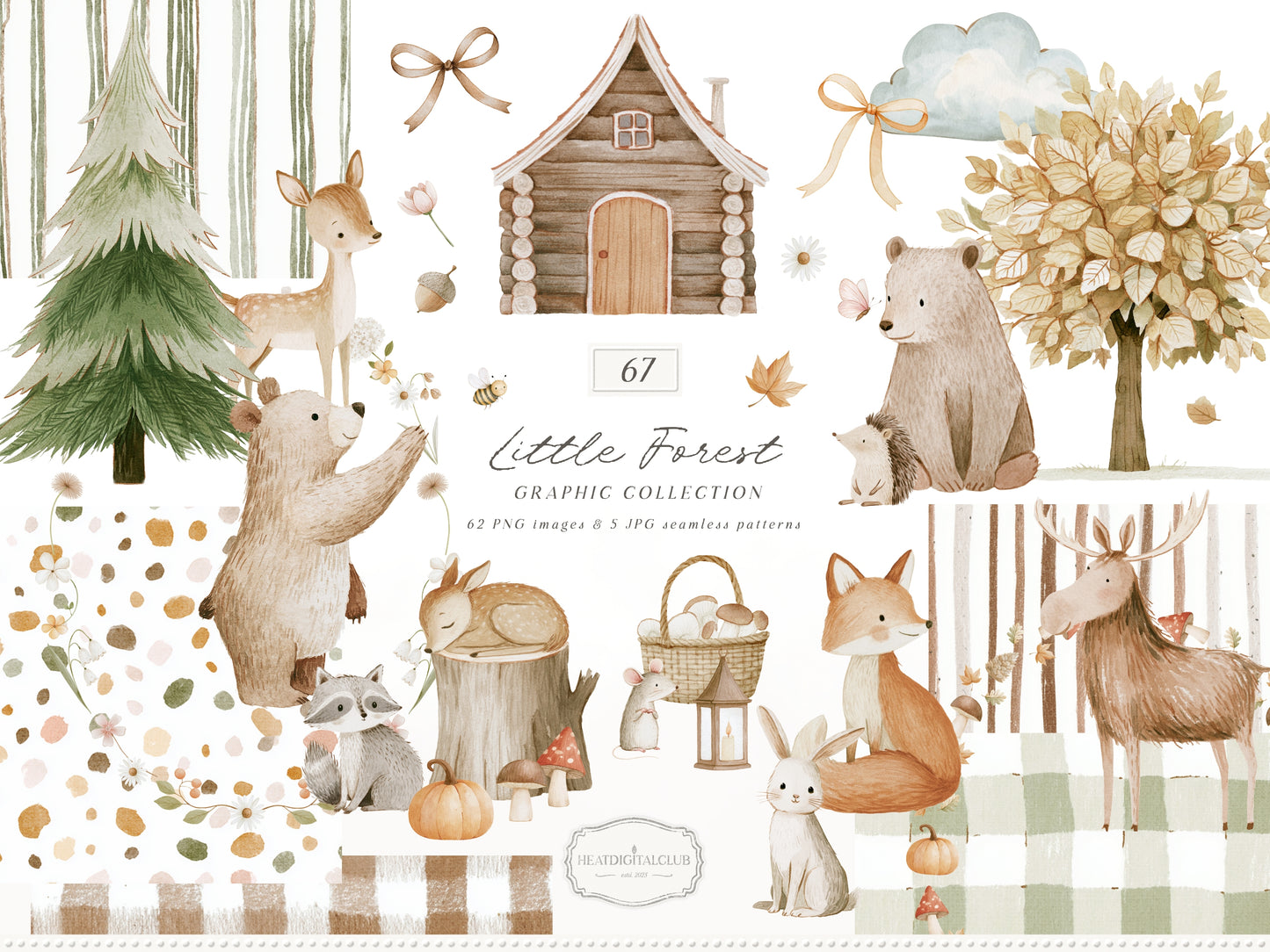 Little Forest - Watercolor Woodland Clipart & Seamless Patterns Bundle, Kids Nursery Graphics | 67 PNG/JPEG