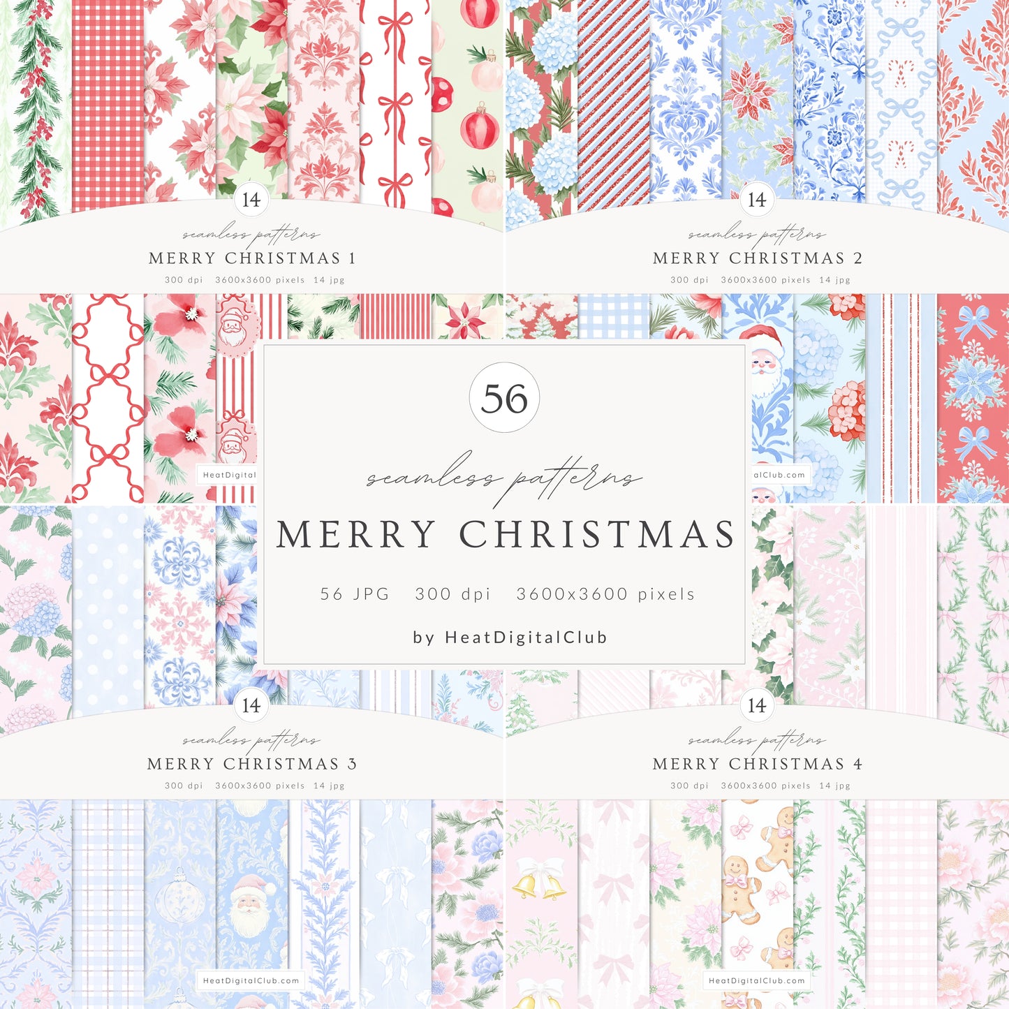 Merry Christmas - Seamless Patterns Bundle, Grandmillennial Holiday, Stripes, Plaid | 56 JPEG