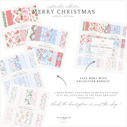 Merry Christmas - Seamless Patterns Bundle, Grandmillennial Holiday, Stripes, Plaid | 56 JPEG