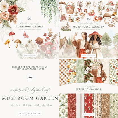 Mushroom Garden - Cottage Clipart Bundle, Forest Mushroomcore, Woodland, Cottagecore | 94 PNG/JPEG