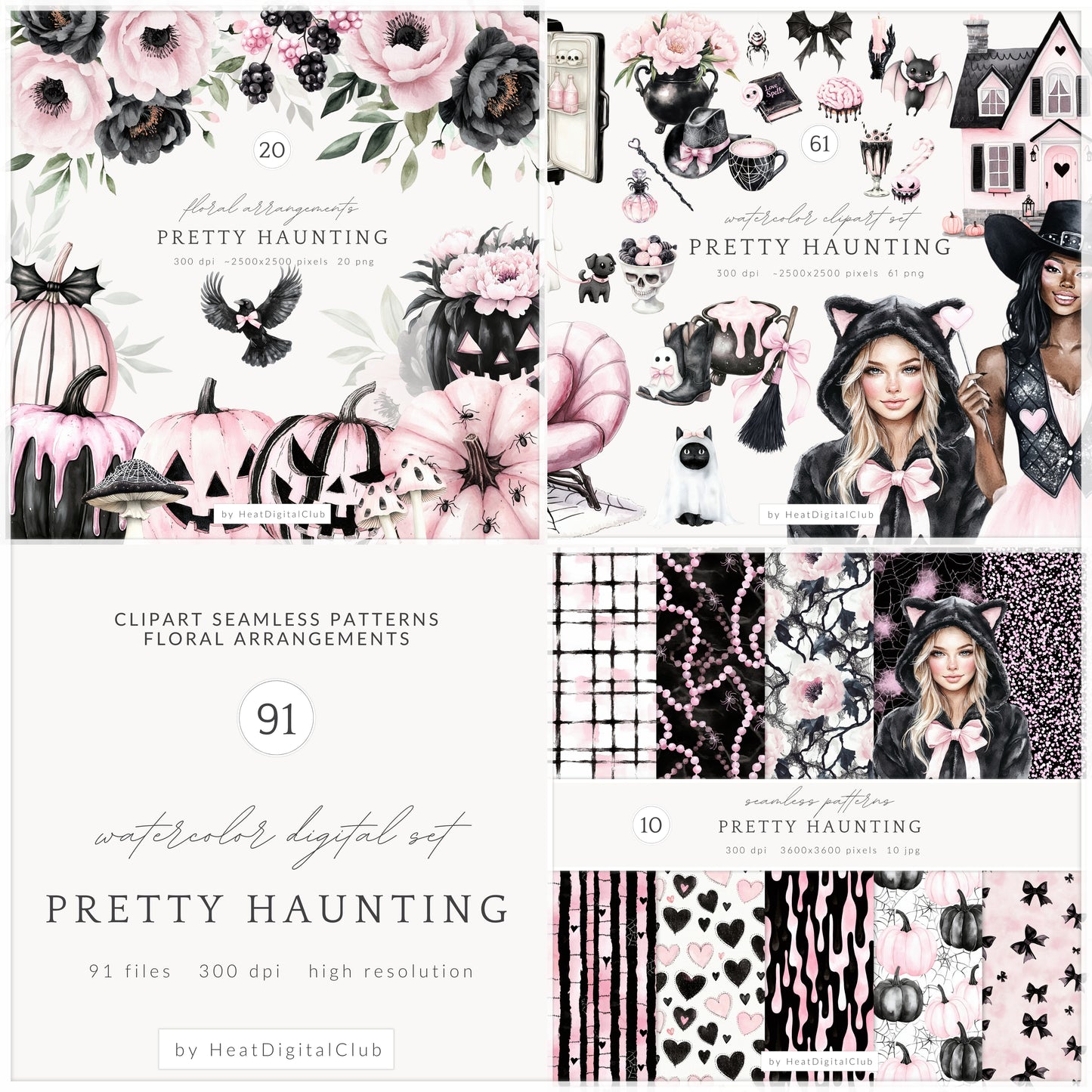 Pretty Haunting - Collection Bundle, Black & Pink Halloween, Haunted House | 91 PNG/JPEG
