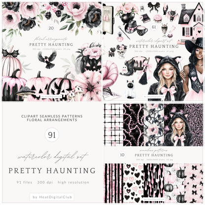 Pretty Haunting - Collection Bundle, Black & Pink Halloween, Haunted House | 91 PNG/JPEG