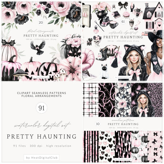 Pretty Haunting - Collection Bundle, Black & Pink Halloween, Haunted House | 91 PNG/JPEG