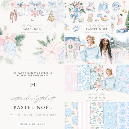 Pastel Noël - Christmas Clipart Bundle, Elegant Grandmillennial, Pink & Blue Holiday | 94 PNG/JPEG