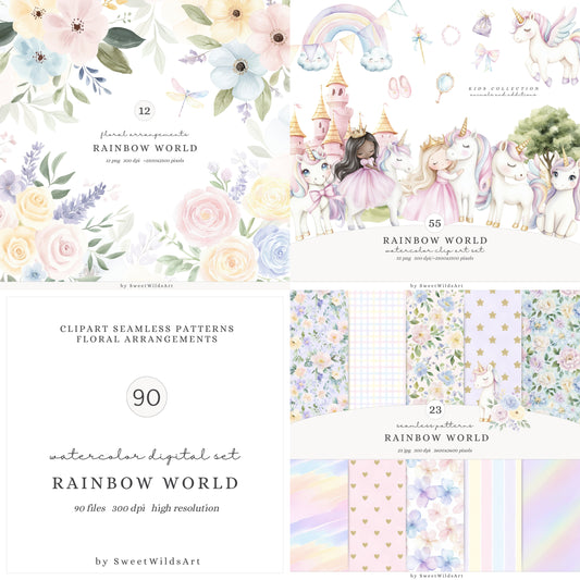 Rainbow World -  Collection Bundle, Fairytale Unicorns, Princess, Patterns & Florals | 90 PNG/JPEG