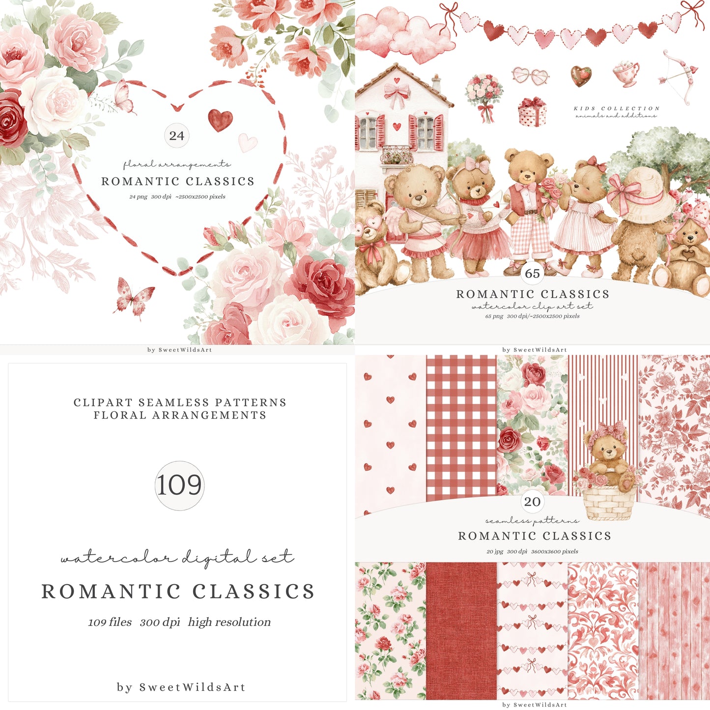 Romantic Classics - Teddy Bears Clipart, Valentine's Day, Love, Baby Shower, Nursery | 109 PNG/JPEG