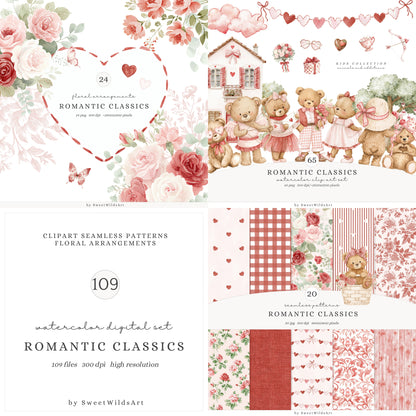 Romantic Classics - Teddy Bears Clipart, Valentine's Day, Love, Baby Shower, Nursery | 109 PNG/JPEG