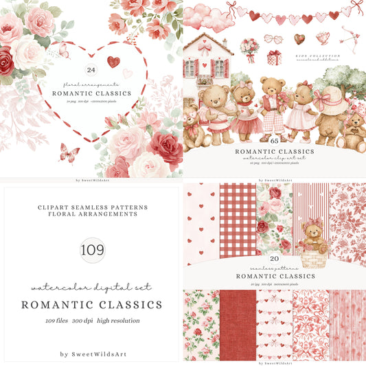 Romantic Classics - Teddy Bears Clipart, Valentine's Day, Love, Baby Shower, Nursery | 109 PNG/JPEG