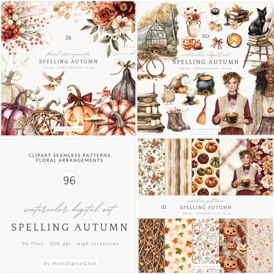 Spelling Autumn - Collection Bundle, Cozy Cottagecore Clipart, Fall Magic | 96 PNG/JPEG