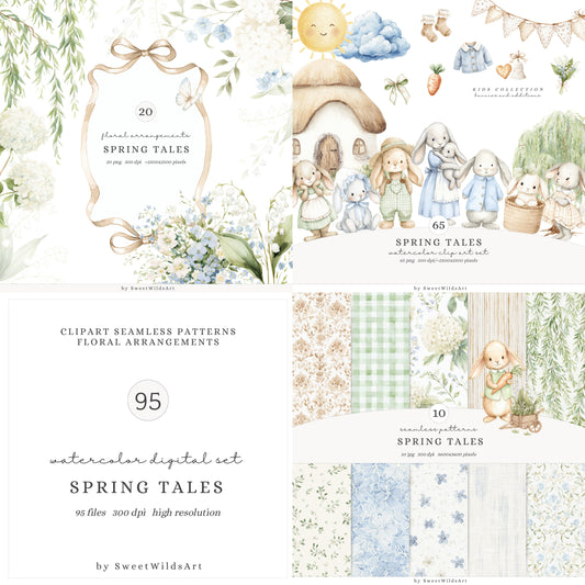 Spring Tales - Cute Baby Bunny Bundle, Spring Nursery, Cottagecore Easter Rabbits | 95 PNG/JPEG