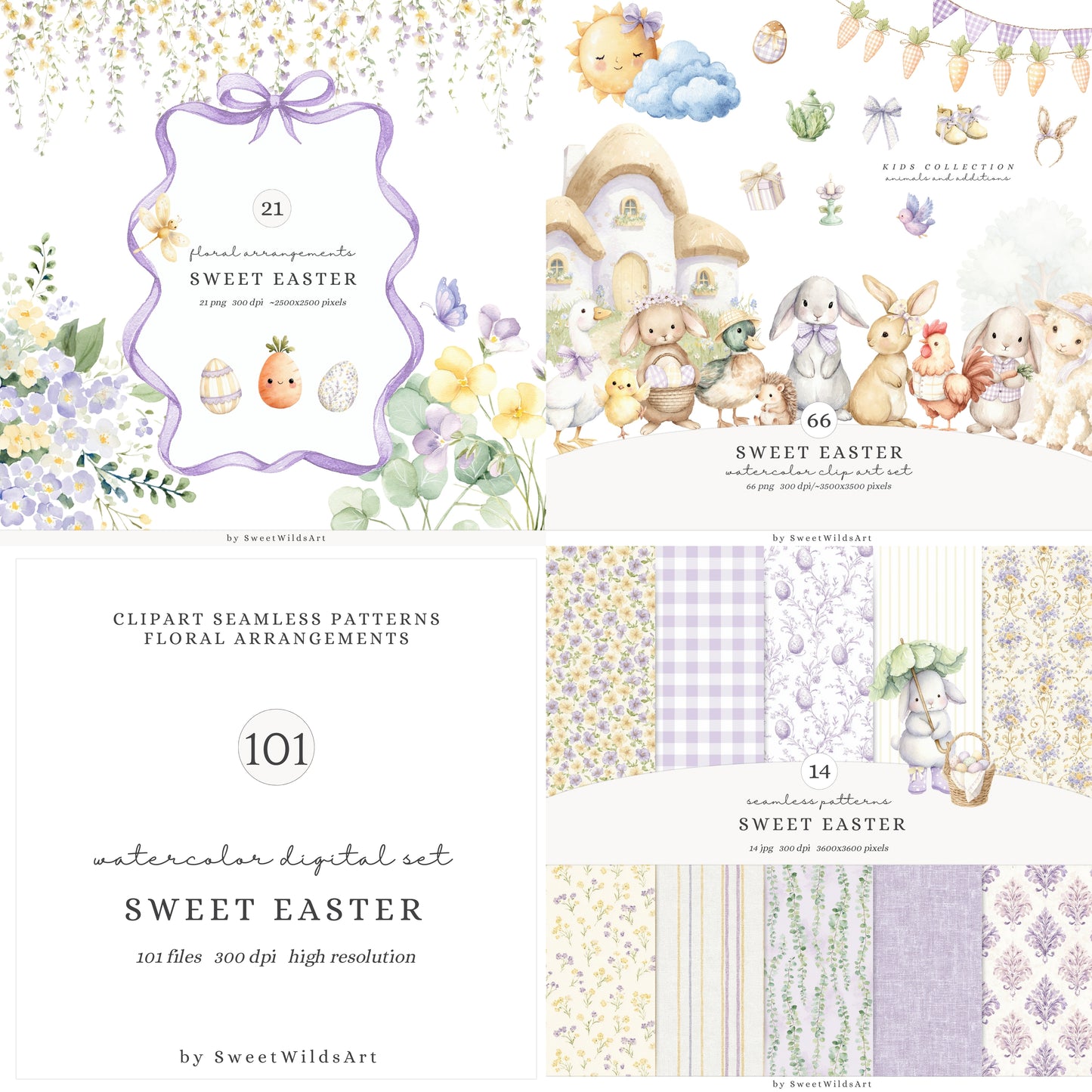 Sweet Easter - Bundle Clipart, Cute Baby Animals, Bunny, Pastel Spring Nursery, Cottagecore | 101 PNG/JPEG