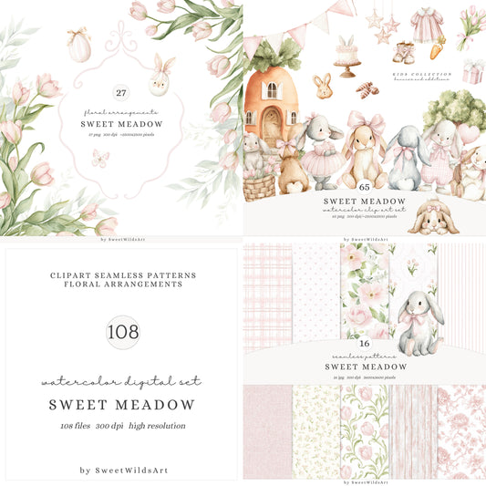 Sweet Meadow - Bunny Clipart Bundle, Cute Easter Rabbits, Pink Cottagecore, Nursery | 108 PNG/JPEG