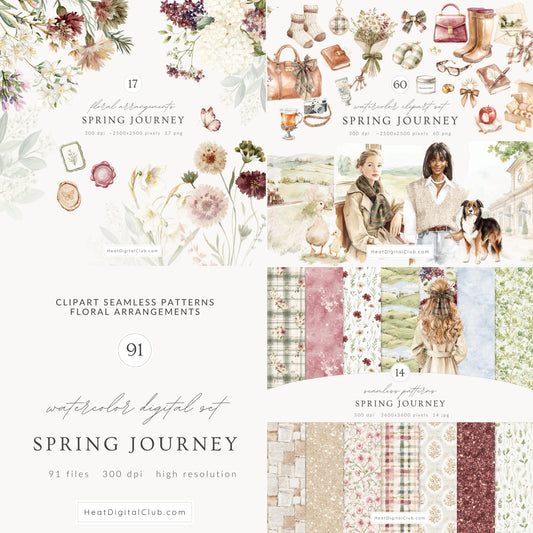 Spring Journey - Clipart Bundle, Travel Aesthetic, English Countryside, Elegant Spring Cottagecore | 91 PNG/JPEG