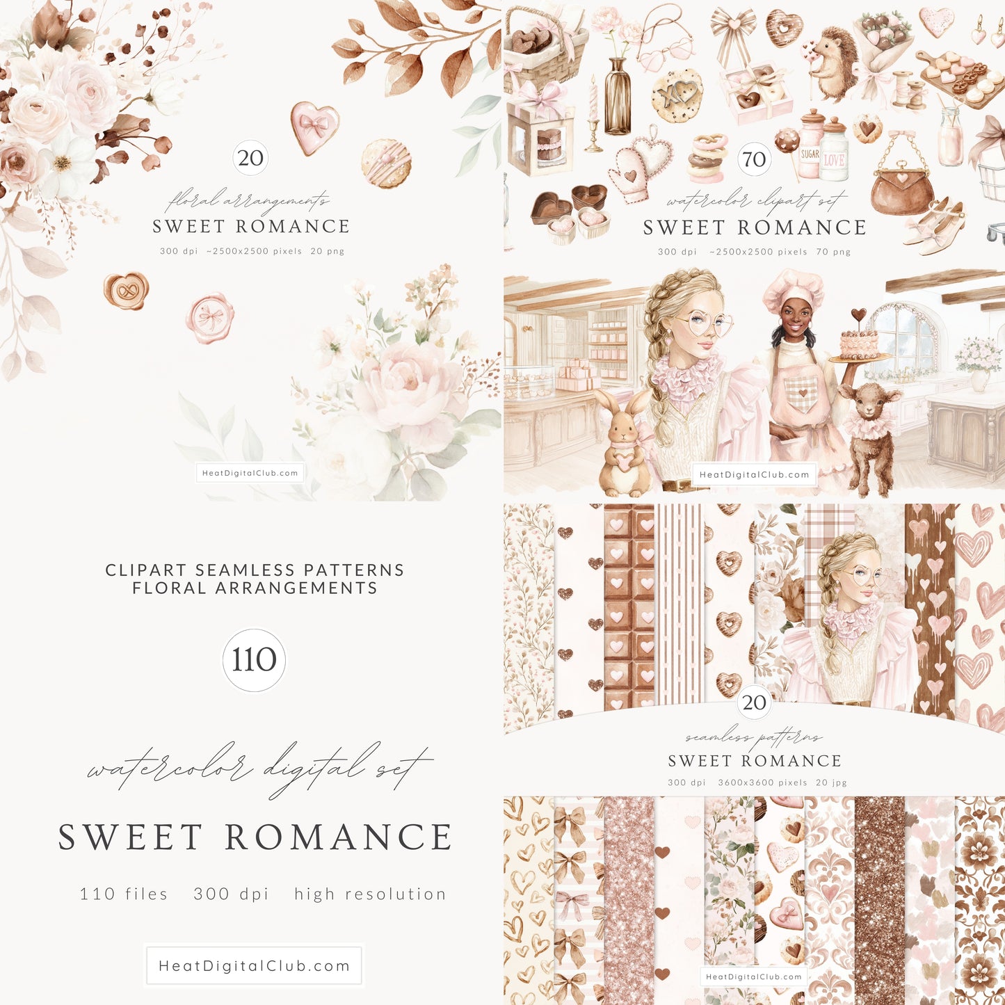 Sweet Romance - Valentine's Day Bakery Clipart, Romantic Baking Illustrations, Love  | 110 PNG/JPEG