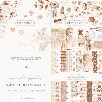 Sweet Romance - Valentine's Day Bakery Clipart, Romantic Baking Illustrations, Love  | 110 PNG/JPEG