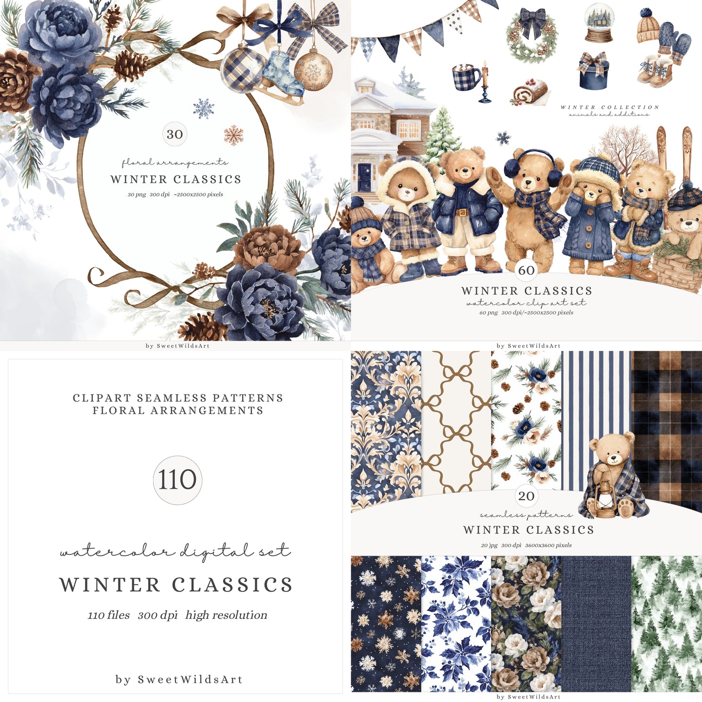 Winter Classics - Teddy Bears Clipart, Tartan Holiday, Cute, Festive Nursery, Animals | 110 PNG/JPEG