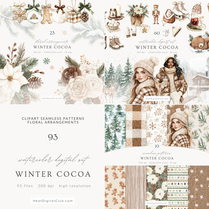 Winter Cocoa - Watercolor Clipart & Patterns Collection, Elegant Cozy Christmas | 93 PNG/JPEG
