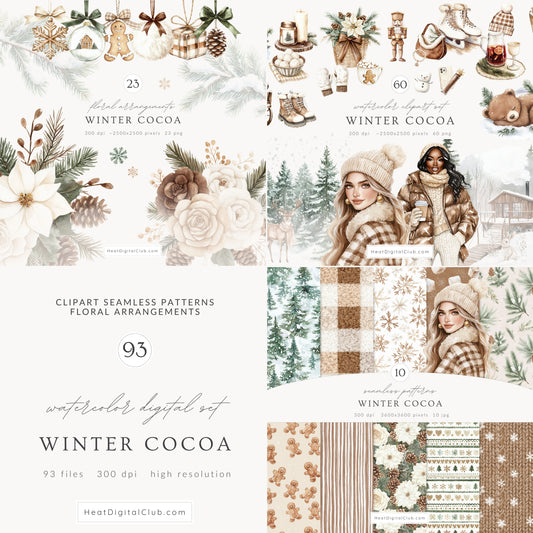 Winter Cocoa - Watercolor Clipart & Patterns Collection, Elegant Cozy Christmas | 93 PNG/JPEG
