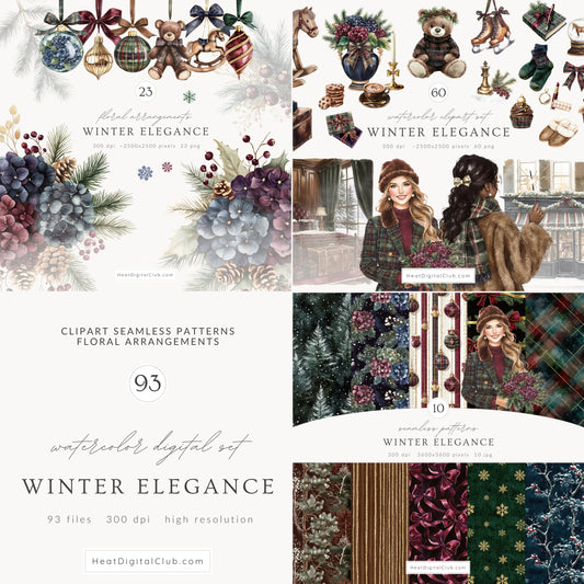 Winter Elegance - Watercolor Clipart, Aristocratic Christmas, Tartan Holiday, Cozy | 93 PNG/JPEG