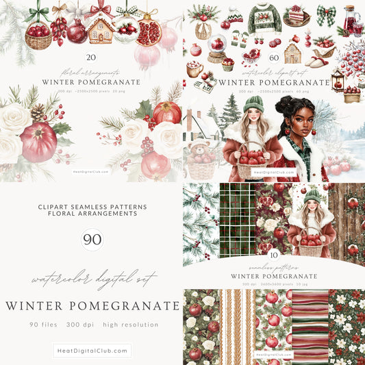 Winter Pomegranate - Collection Bundle, Christmas, Holiday Fruits, Rustic Xmas | 90 PNG/JPEG