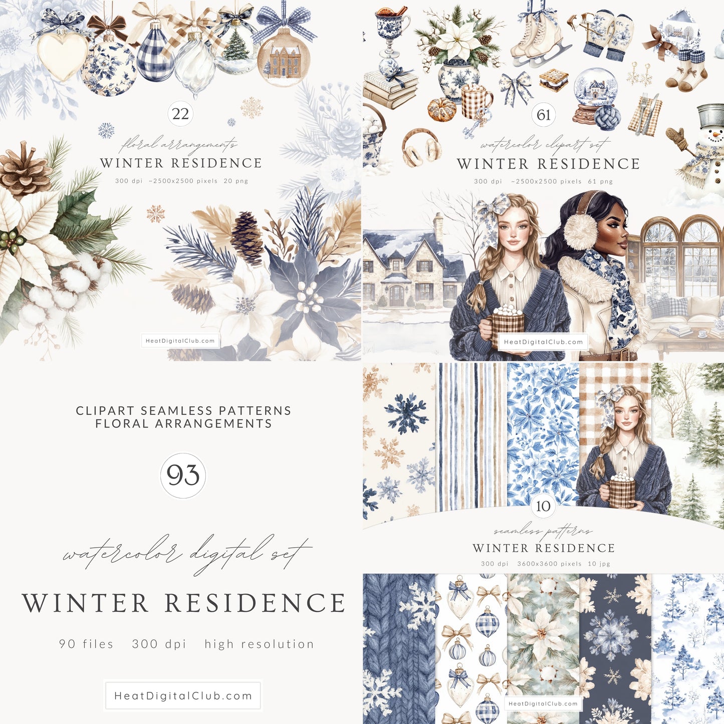 Winter Residence - Watercolor Collection Bundle, Clipart, Patterns & Florals | 93 PNG/JPEG
