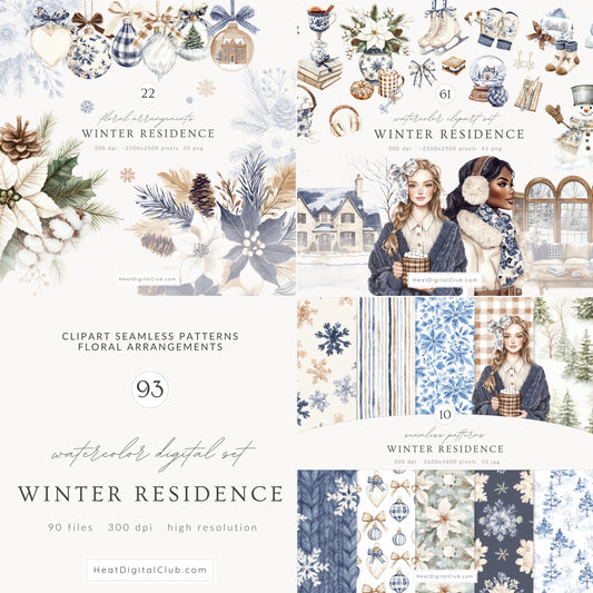 Winter Residence - Watercolor Collection Bundle, Clipart, Patterns & Florals | 93 PNG/JPEG