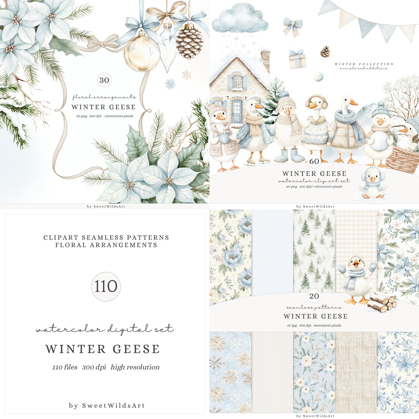 Winter Geese - Collection Clipart, Cute Silly Goose, Cozy Winter, Baby Shower | 110 PNG/JPEG