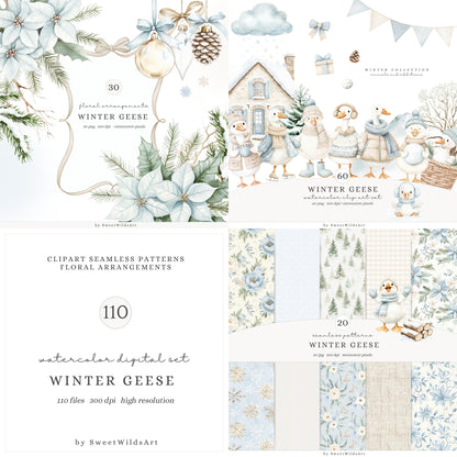 Winter Geese - Collection Clipart, Cute Silly Goose, Cozy Winter, Baby Shower | 110 PNG/JPEG