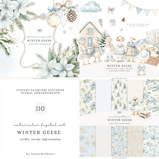 Winter Geese - Collection Clipart, Cute Silly Goose, Cozy Winter, Baby Shower | 110 PNG/JPEG
