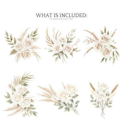 Boho Valentine - Floral Arrangements Clipart, White Roses, Rustic Rose | 12 PNG