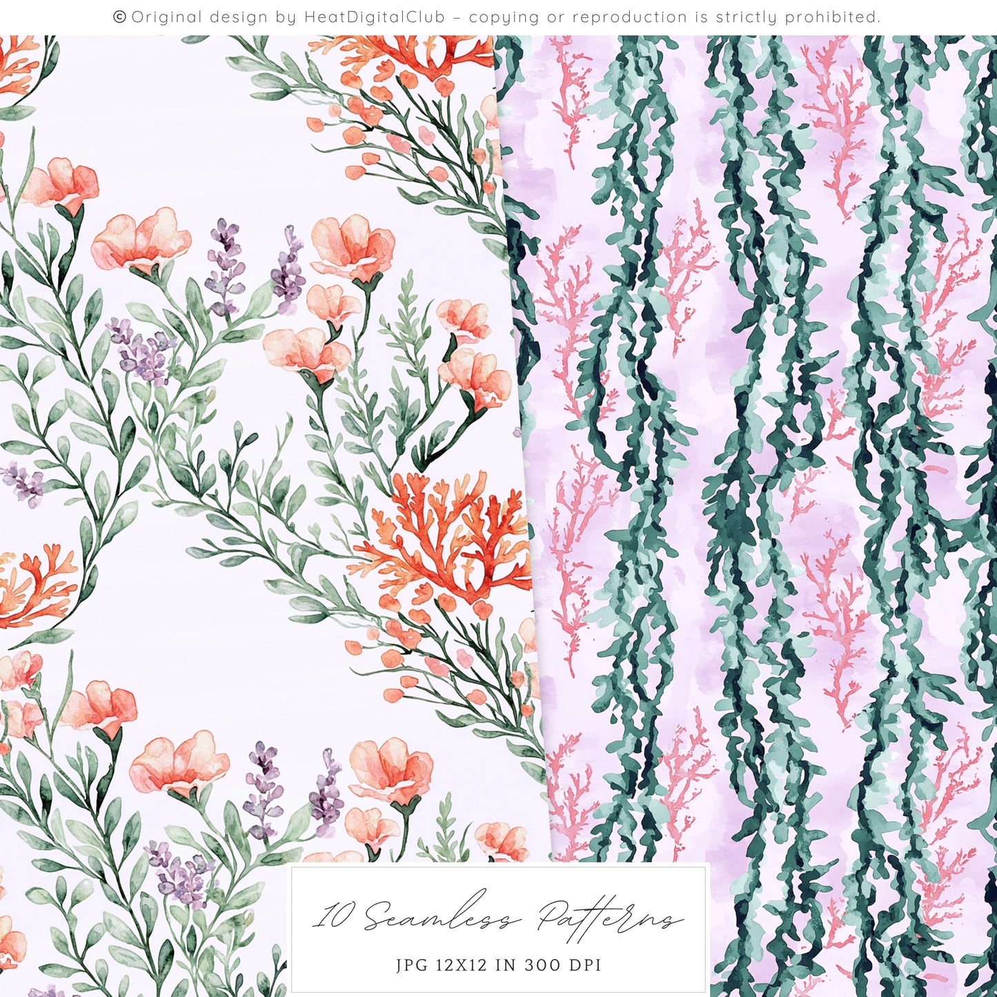 Modern Ariel - Coral, Ocean Seamless Patterns | 10 JPEG