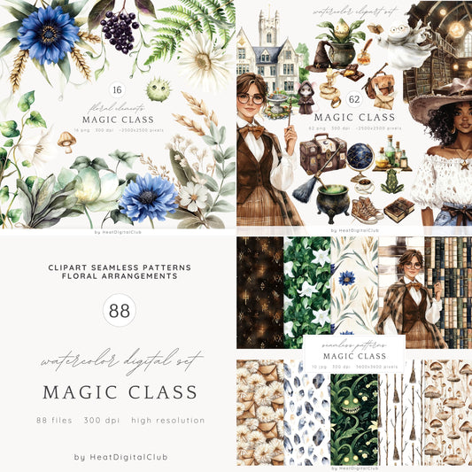 Magic Class - Collection Bundle, Wizard School Clipart, Witch | 88 PNG/JPEG