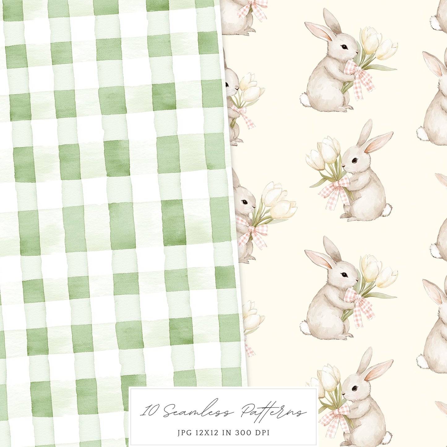 Happy Easter - Seamless Patterns, Gingham Plaid, Flowers, Bunnies | 10 JPEG