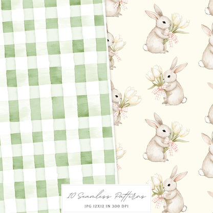 Happy Easter - Seamless Patterns, Gingham Plaid, Flowers, Bunnies | 10 JPEG