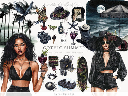 Gothic Summer - Goth Beach Time Clipart, Creepy | 60 PNG
