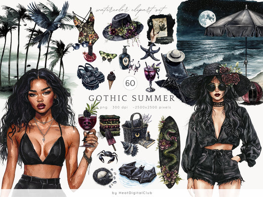 Gothic Summer - Goth Beach Time Clipart, Creepy | 60 PNG