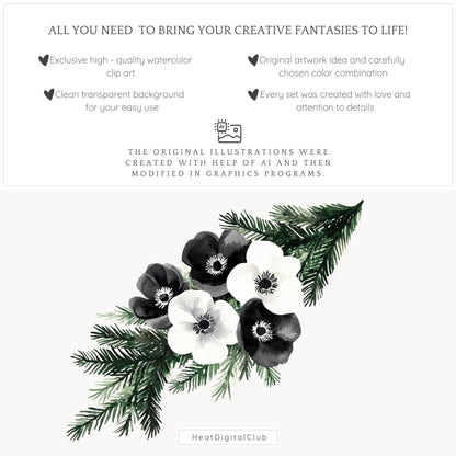 Black and White Holidays - Winter Floral Arrangement Clipart, Cozy Christmas | 12 PNG