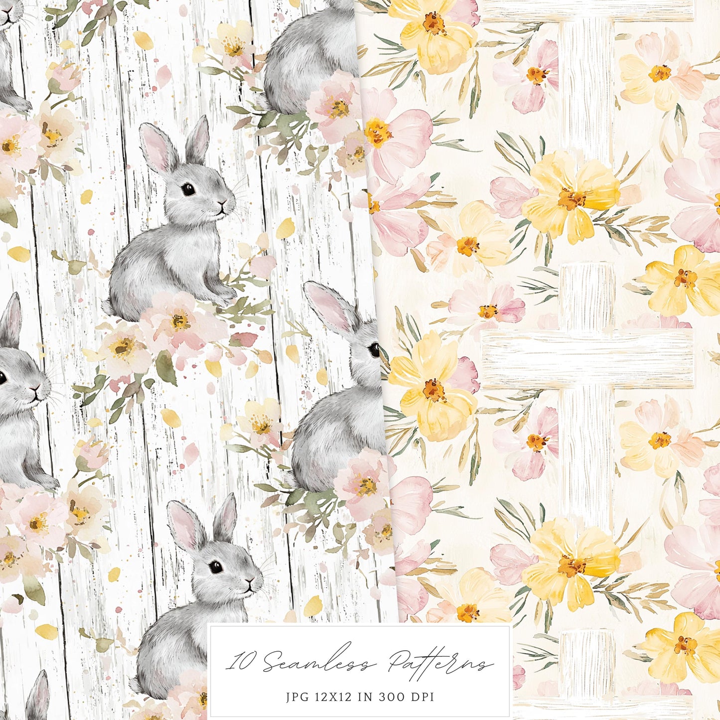 Rustic Easter - Seamless Patterns, Floral, Spring, Bunny | 10 JPEG