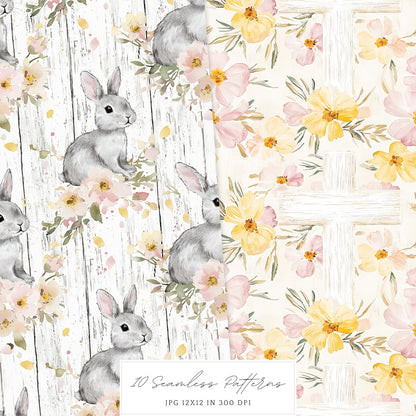 Rustic Easter - Seamless Patterns, Floral, Spring, Bunny | 10 JPEG