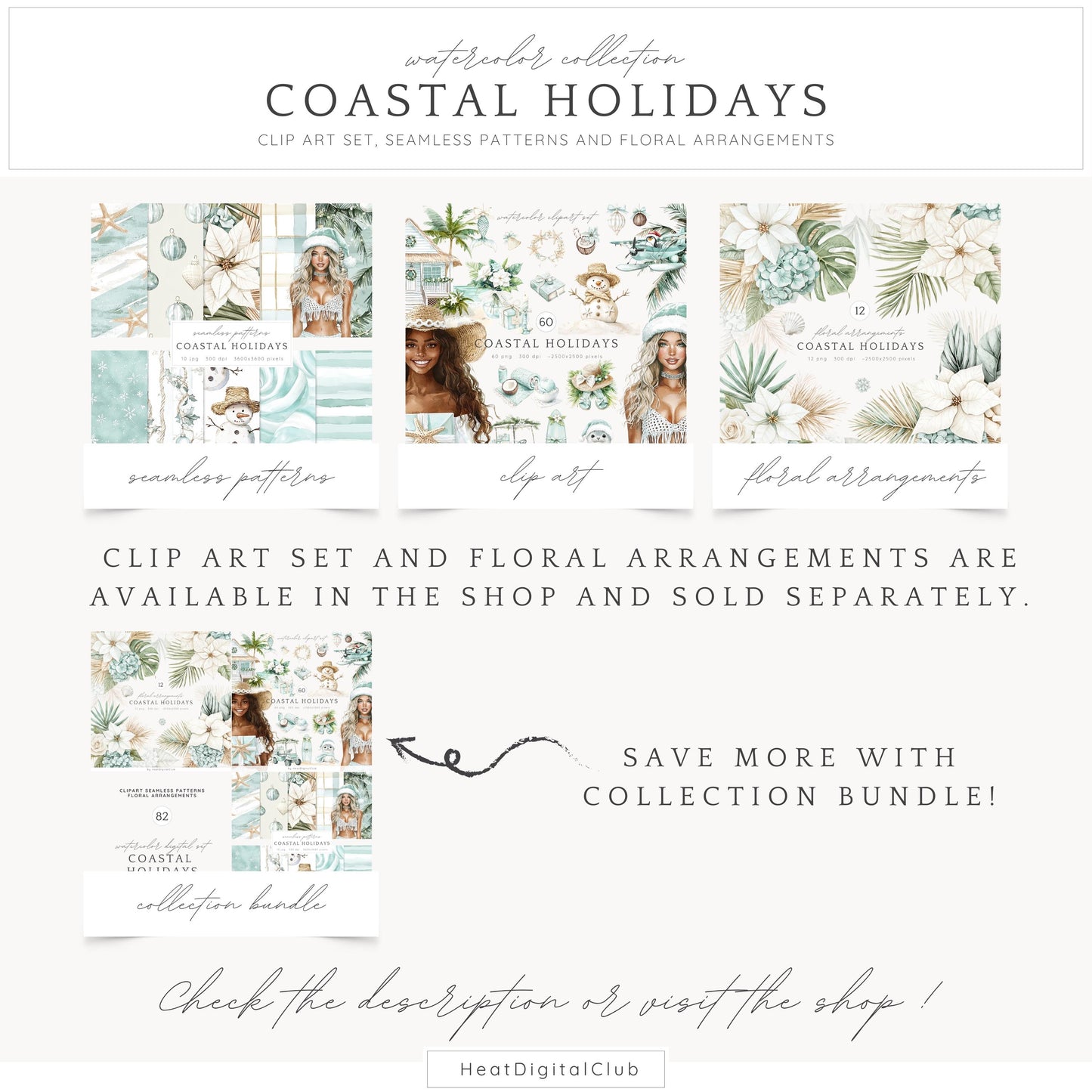 Coastal Holidays - Seamless Patterns, Ocean, Christmas | 10 JPEG